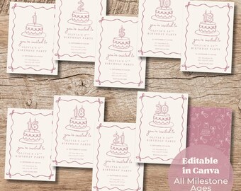 Różowe zaproszenie urodzinowe z okazji okrągłego jubileuszu | Szablon urodzinowy z grafiką liniową | Możliwość edycji w Canva