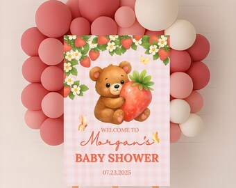 Strawberry Bear Baby Shower Welcome Sign | Editable Canva Template (Instant Download)