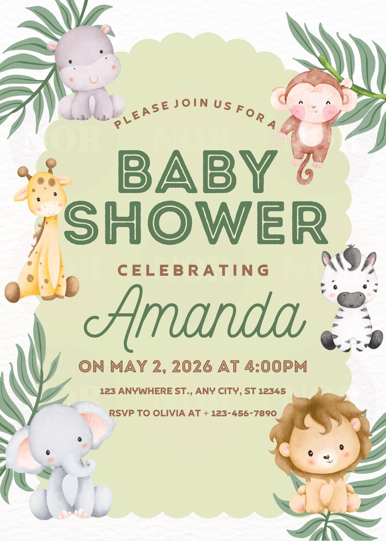 May include: Baby shower invitation with jungle animal illustrations: giraffe, zebra, elephant, lion, monkey, and hippo. The invitation is for Amanda, with date and time details.