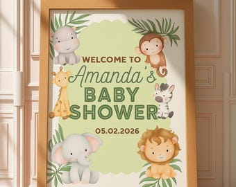 Safari Baby Shower Welcome Sign: Jungle Animals, Editable Canva Template (Digital Download)