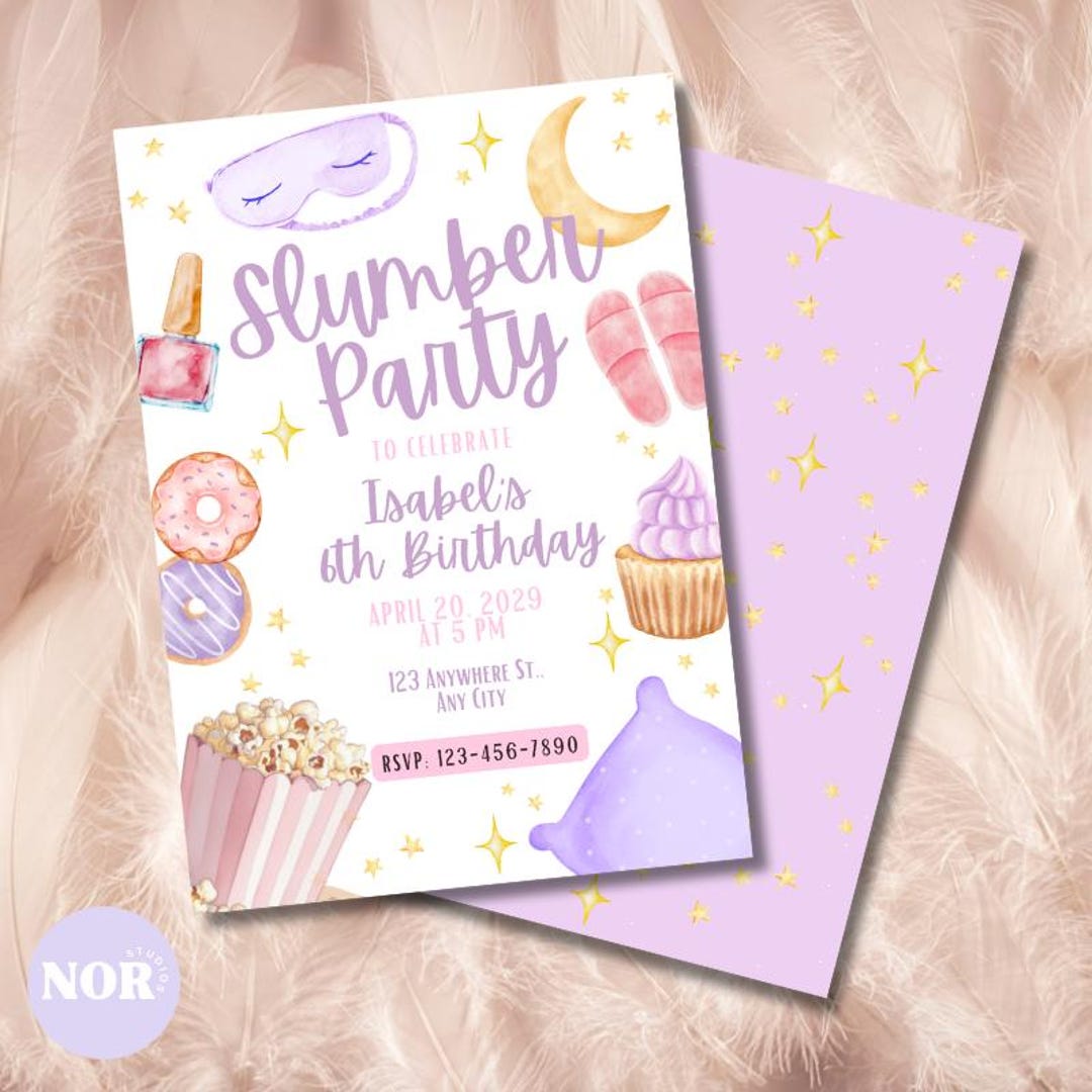 Editable Slumber Party Invitation Girls Sleepover Canva Template editable-slumber-party-invitation-girls-sleepover-canva-template