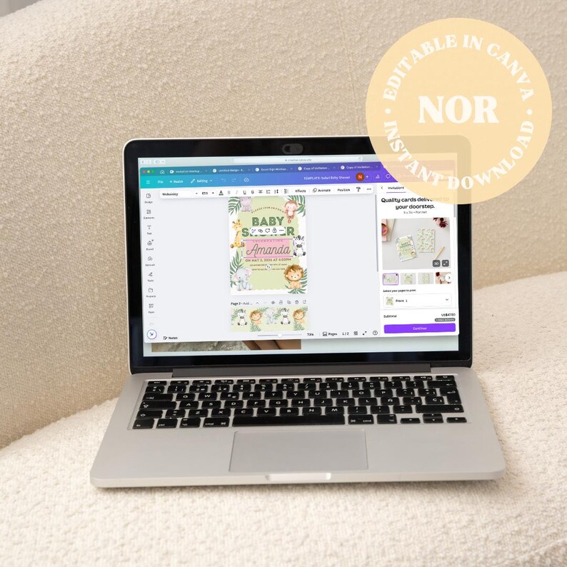May include: A laptop screen showing a baby shower invitation design with a safari theme. The invitation includes animal illustrations and green foliage. The words "BABY SHOWER" and "Amanda" are displayed. A watermark reads "EDITABLE IN CANVA" and "INSTANT DOWNLOAD".