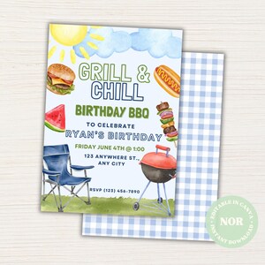Grill and Chill Birthday BBQ Invitation | Backyard Cookout Party Invite | Editable Canva Template | Summer Birthday Printable Download