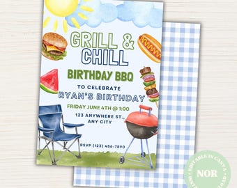 Invitation à une fête d'anniversaire barbecue : barbecue et détente, modèle de toile modifiable (téléchargement numérique