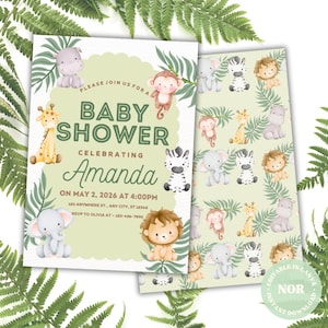 Ensemble baby shower Safari | Faire-part sur le thème de la jungle, tombola de couches, livres pour bébé, cartes de remerciement et décorations | Modifiable Imprimable