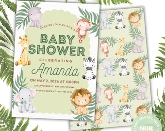 Zestaw Safari Baby Shower: zaproszenie i dekoracje w stylu dżungli (do druku, edytowalny szablon Canva)