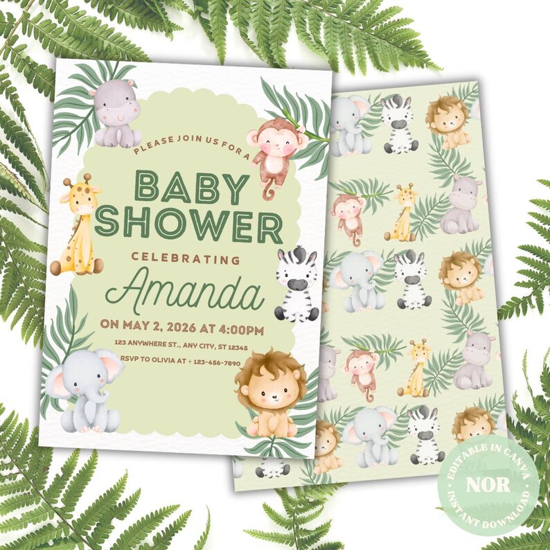 May include: Baby shower invitation with illustrations of jungle animals, including a giraffe, monkey, lion, zebra, and elephant. The invitation is light green and reads "Baby Shower" and "Amanda". Includes date and RSVP details.