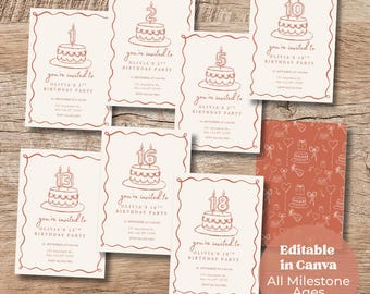 Zaproszenie na urodziny z motywem terakoty | Szablon z grafiką liniową na urodziny dla dzieci | Możliwość edycji w Canva