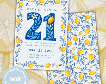 Zaproszenie na 21. urodziny Limoncello: Cytryna i kwiaty – szablon Canva