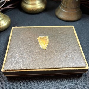 May include: A brown rectangular box with a gold trim and a gold emblem in the center. The box has a textured surface and appears to be made of leather or a similar material. The emblem is a gold harp design.