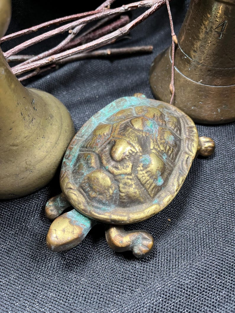 May include: A detailed, antique brass turtle figurine with a weathered, verdigris finish. The turtle has a textured shell and visible legs and head. The figurine is surrounded by other brass objects and twigs.