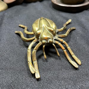 Könnte beinhalten: Eine Messing-Insektenskulptur mit sechs Beinen und einem segmentierten Körper. Die Skulptur hat eine strukturierte Oberfläche und befindet sich vor einem dunklen Hintergrund. Weitere Messingobjekte sind im Hintergrund zu sehen.