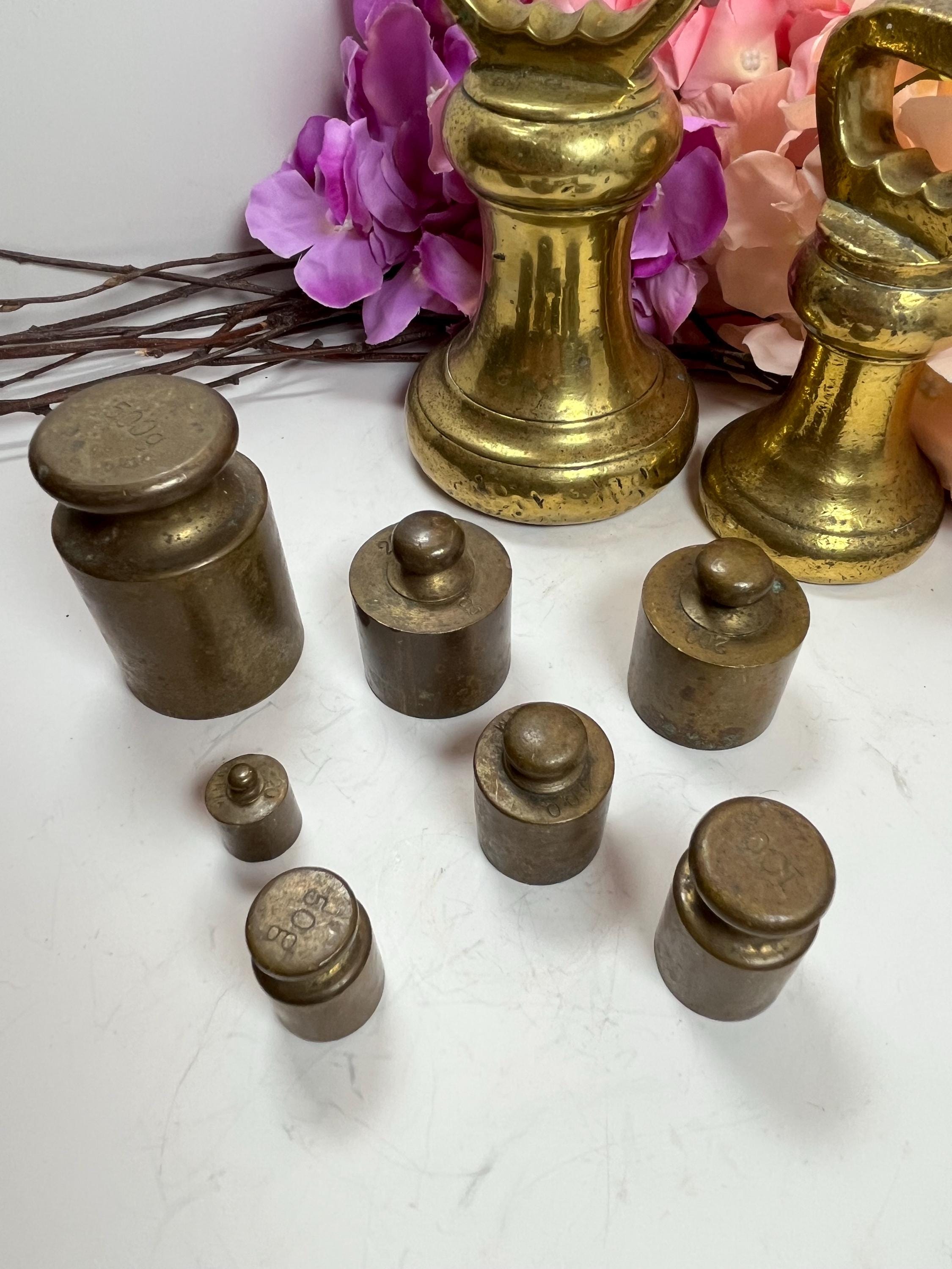 Vintage Brass Weight Set – Churn & Cylinder Style, Mixed Family