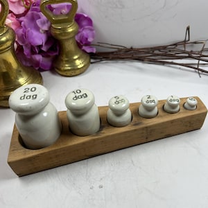 Vintage Porcelain Kitchen Scale Weights Set (1974 Calibration) with Original Wooden Block