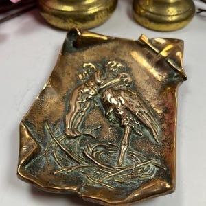 Antique French Brass Pin Dish | Cherub & Stork Relief | 5&quot;