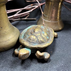 May include: A small, antique brass turtle figurine with a textured shell and outstretched legs. The turtle has a green patina, suggesting age. Two other brass objects are in the background, along with some twigs.