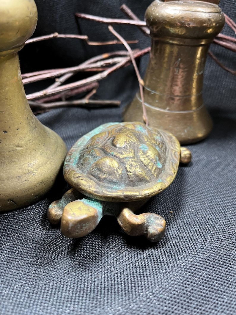 May include: A small, antique brass turtle figurine with a textured shell and outstretched legs. The turtle has a green patina, suggesting age. Two other brass objects are in the background, along with some twigs.