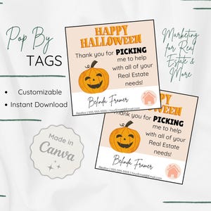 Happy Halloween Realtor Pop By Tags | Edit and Customize in Canva | Instant Download | Real Estate Pop-By Template October Fall Cute Pumpkin