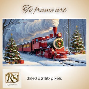 Puede incluir: Un tren de vapor rojo con una corona en la parte delantera viaja a través de un bosque nevado con dos árboles de Navidad decorados a cada lado de las vías. El tren está cubierto de nieve y los árboles están decorados con adornos y luces.