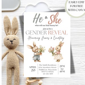 Bunny Gender Reveal Invitation: Editable PDF Template, Digital Download, Some Bunny Invite, Spring Shower image 2
