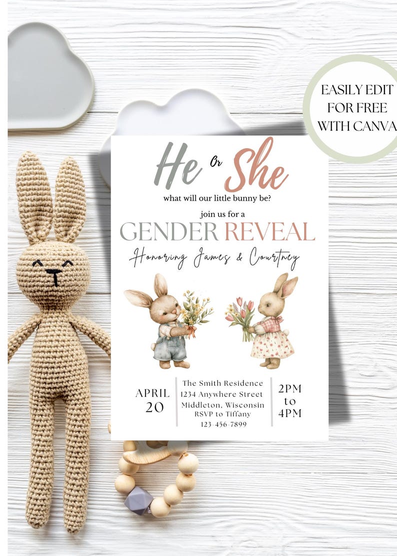 Bunny Gender Reveal Invitation: Editable PDF Template, Digital Download, Some Bunny Invite, Spring Shower image 2