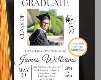 Invitación de graduación con foto: Promoción de 2025 y 2026. Plantilla editable de Canva (descarga digital).