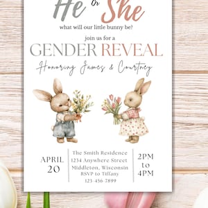 Bunny Gender Reveal Invitation: Editable PDF Template, Digital Download, Some Bunny Invite, Spring Shower image 1