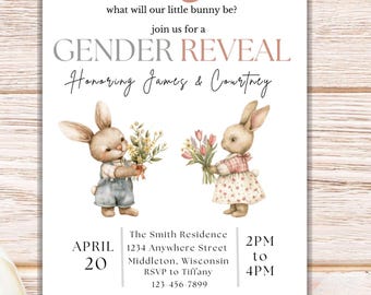Invitación para revelar el género de un conejito: Plantilla PDF editable, descarga digital, invitación de conejito, baby shower de primavera