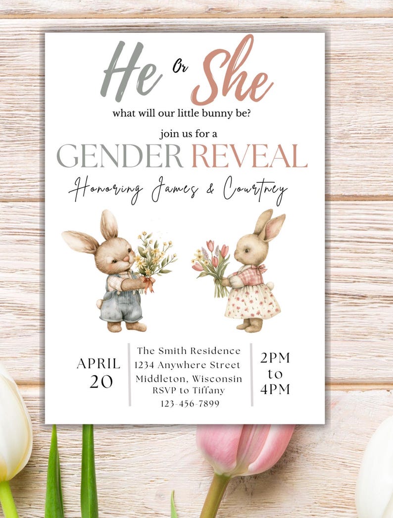 Bunny Gender Reveal Invitation: Editable PDF Template, Digital Download, Some Bunny Invite, Spring Shower image 1