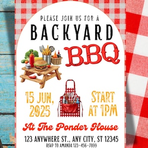 May include: A BBQ invitation with a red and white checkered border. The invitation features the text "PLEASE JOIN US FOR A BACKYARD BBQ" and details for the event, including the date, time, and location. A picnic table with food is illustrated.