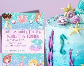 3e verjaardagsuitnodiging zeemeermin: Under the Sea-feest (digitale download)