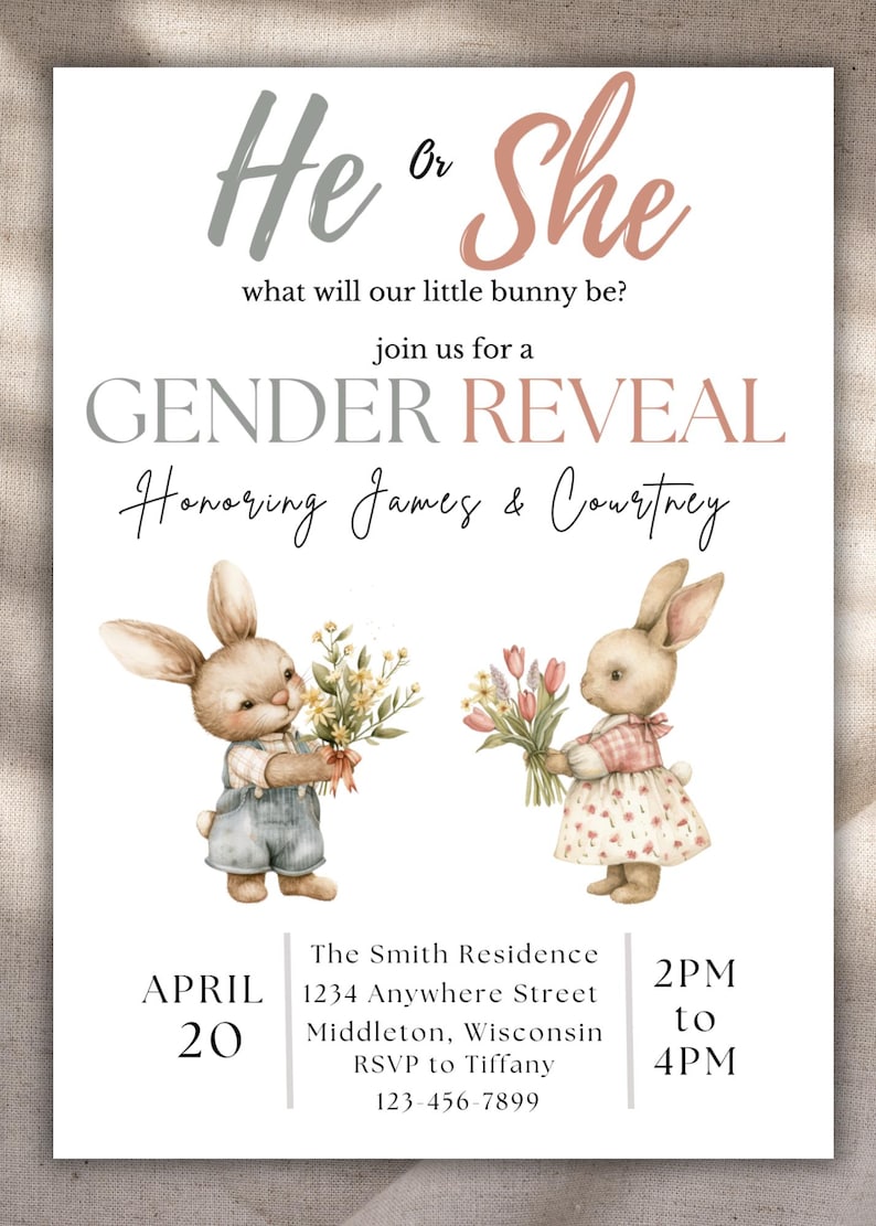 Bunny Gender Reveal Invitation: Editable PDF Template, Digital Download, Some Bunny Invite, Spring Shower image 5