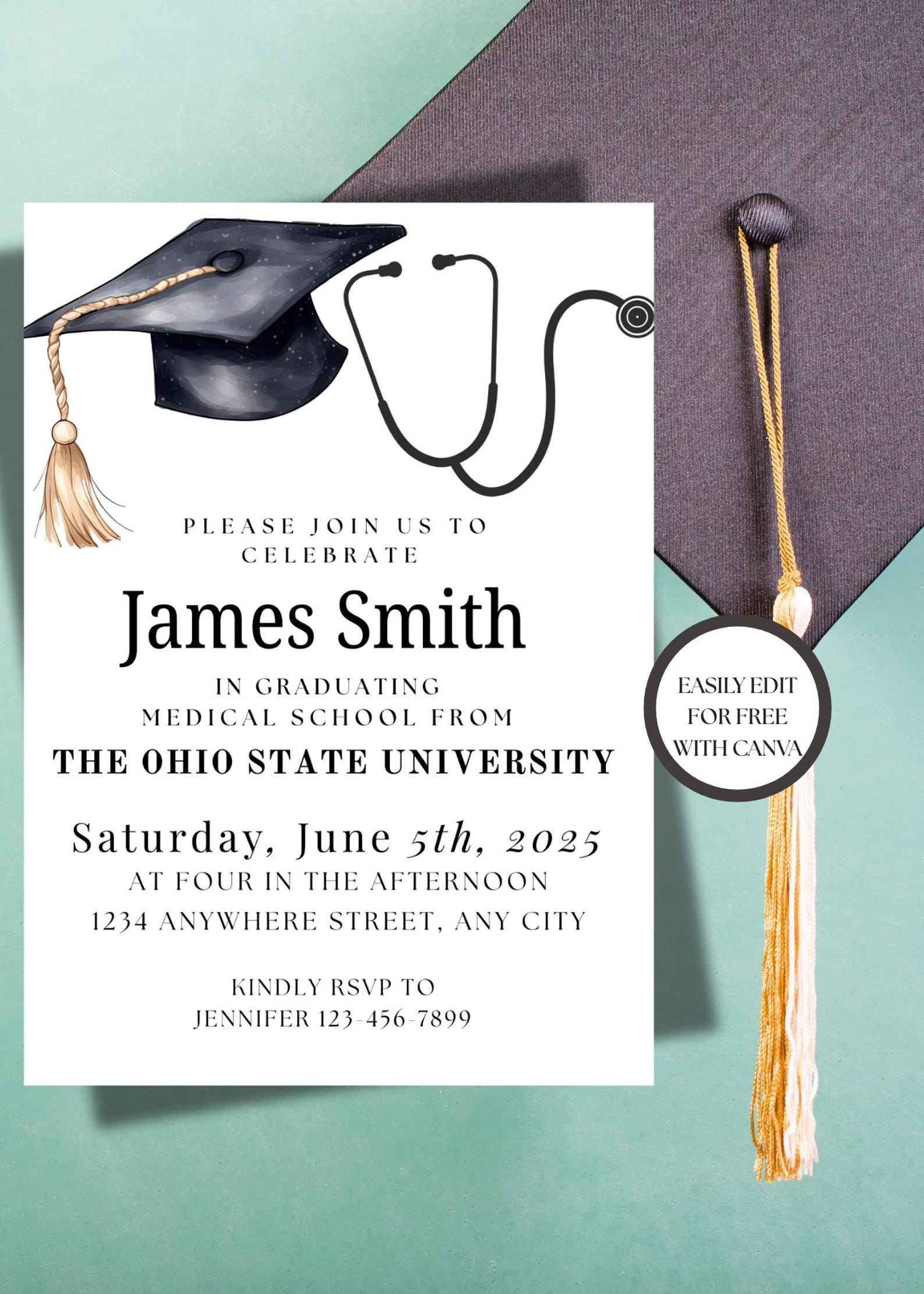 Editable Medical School Graduation 2026 Invitation: MD DO Grad Party ...