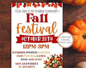 Editable Fall Festival Invitation Template, Pumpkin Patch Flyer (Canva)