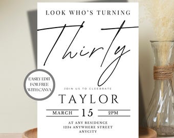 Turning Thirty Birthday Invitation: Minimalist Invite (PDF)