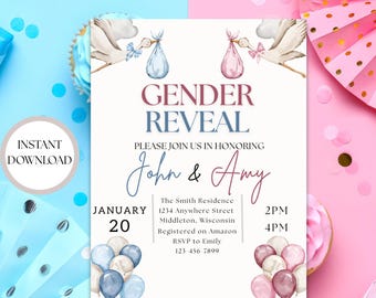Editable Gender Reveal Invitation: Baby Shower Invite & Game (Digital Download)