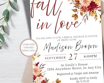 May include: Bridal shower invitation with the words "fall in love" in burgundy script. The invitation includes the name "Madison Brown", the date September 27, and the time 6:00 PM. Floral accents in shades of burgundy, peach, and gold adorn the corners.