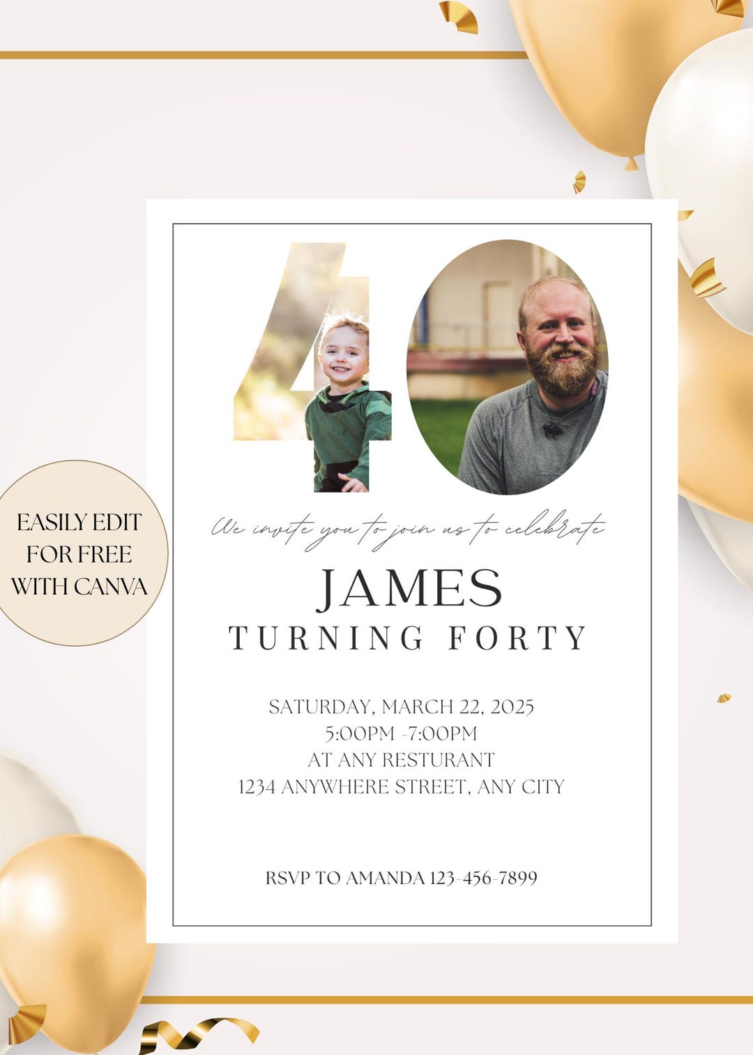 Editable 40th Birthday Photo Invitation Template: Instant Download - Etsy