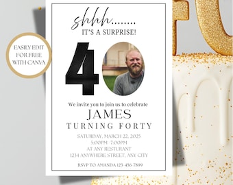 Surprise 40th Birthday Invitation: Editable Party Invite (Canva, Digital Download)