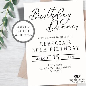 Minimalist Birthday Dinner Invitation: Editable Digital Download