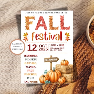 May include: A Fall Festival flyer with orange and red text and graphics. The words "FALL Festival" are prominent, with details for October 12, 2025, and a list of activities including hayrides and pumpkin carving. Pumpkins and hay bales are also featured.
