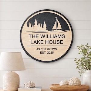 Personalized Lake House Sign, 3D Layered Cabin Decor, Round Wood Sign with Coordinates