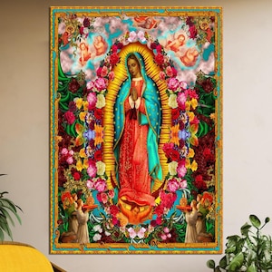 Arte de parede em tela da Virgem de Guadalupe, decoração de quarto católico, arte de parede emoldurada, presente religioso, pronto para pendurar, arte religiosa