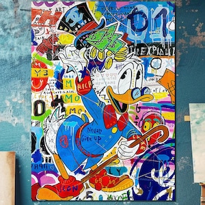Hand-Painted Scrooge McDuck Graffiti Pop Art Painting - Bold Street Art Style with Iconic Cartoon Character for Modern Spaces