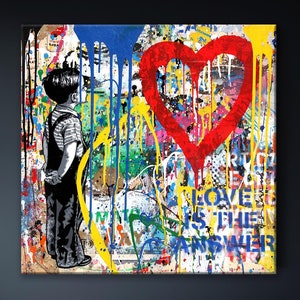 Banksy Kid Love is the Answer Toile carrée Graffiti Pop Art, Art Banksy, Love Graffiti, Art mural street graffiti, cadeau de Noël d'amour