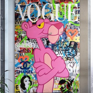 Lienzo de arte pop con grafiti de la Pantera Rosa de Banksy, arte pop estilo Banksy, arte pop de la Pantera Rosa, arte mural con grafiti callejero, póster de la Pantera Rosa