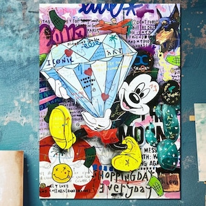 Hand-Painted Mickey Mouse Diamond Pop Art Graffiti Painting - Iconic Cartoon Character Reimagined in Bold Street Art Style