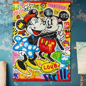 Hand-Painted Mickey and Minnie Mouse Pop Art Graffiti Painting - Playful and Vibrant Street Art Style for Modern Spaces