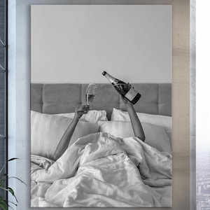Woman Drinking Wine in Bed Canvas Art, Feminist Poster, Black and White, Alcohol Wall Art, Bar Cart Print,Girl Room Decor, Wall Decor