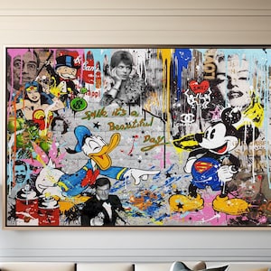 Micky Maus - Donald Duck - Lächeln, Es ist ein schöner Tag Graffiti Pop Art Leinwand, Banksy-Stil Pop Art, Micky-Pop-Art, Straßen-Graffiti-Kunst